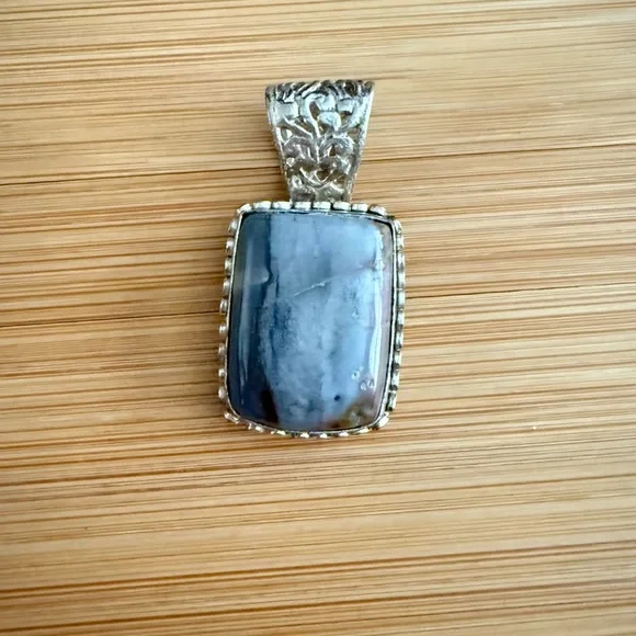 Sterling Silver Blue Agate Natural Stone Necklace Pendant - Picture 11 of 12